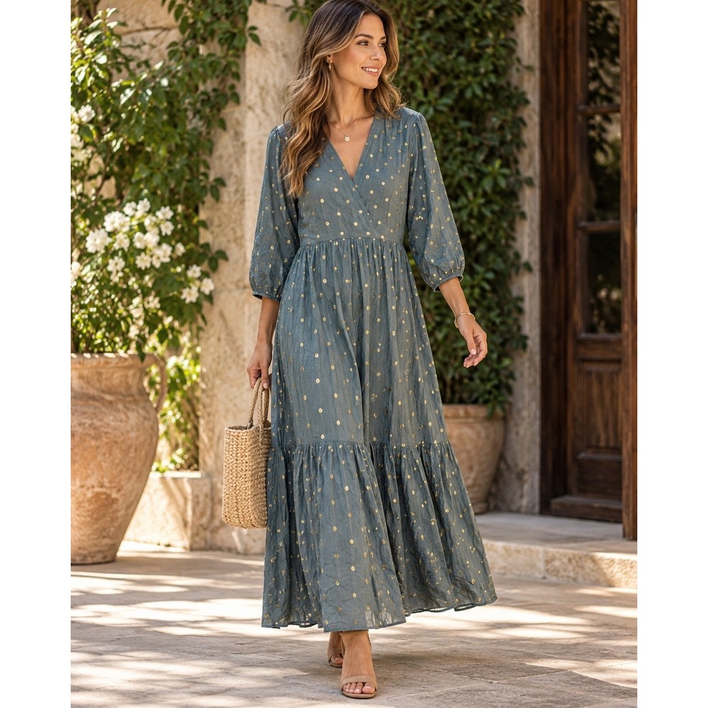 Anthropologie Napoli Maxi Dress Womens S Wedgewood Blue Gold Foil Dot Tiered